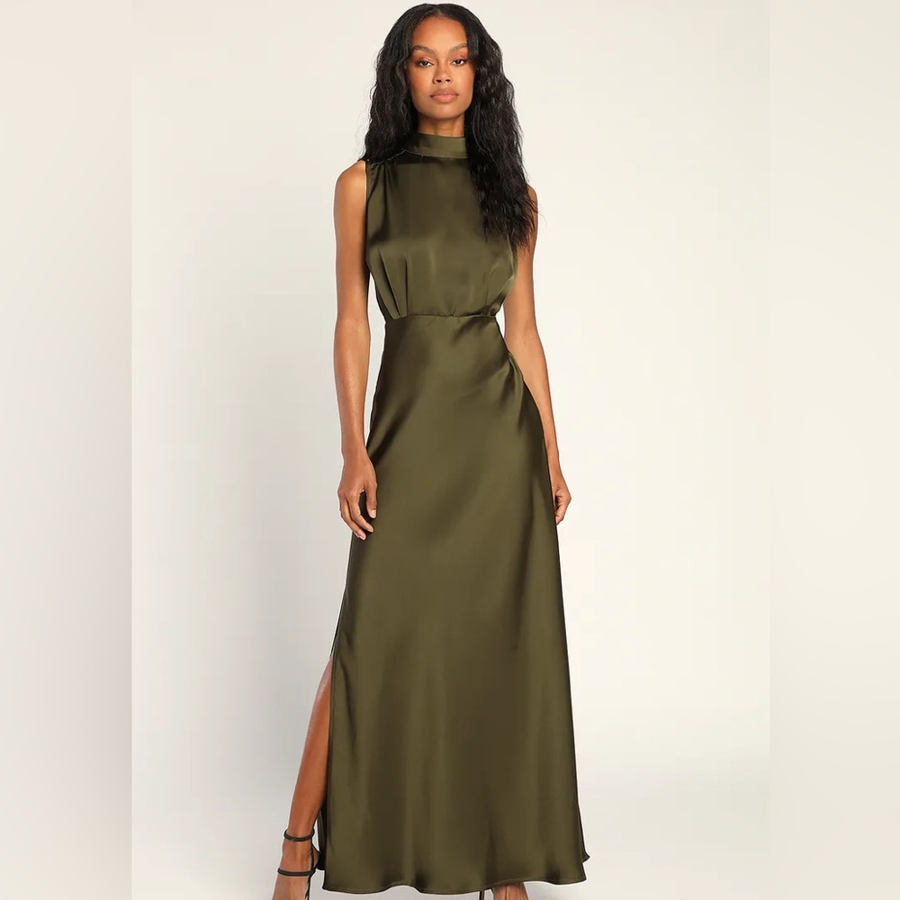 Lulus Classic Elegance Olive Satin Sleeveless Mock Neck Maxi Dress